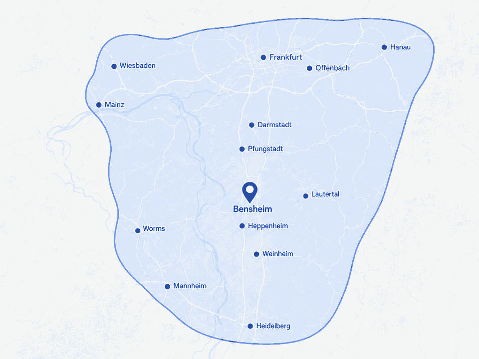 Einsatzgebiet von Klimanova im Umkreis von ca. 1 Stunde Fahrzeit ab Bensheim